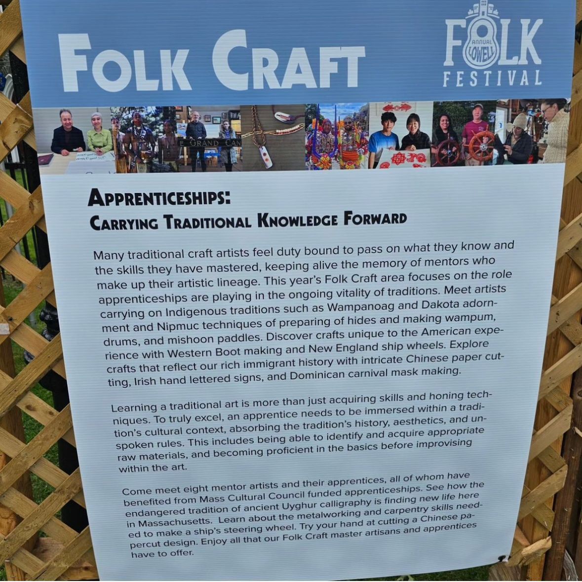 Sign for a Folk Craft festival; text about apprenticeships and carrying knowledge forward.