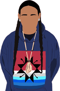 Person wearing a blue hoodie with a geometric design. Long braids, a beaded necklace, and earrings are also visible.