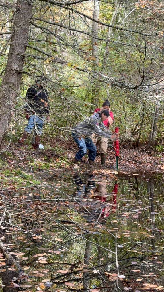 Three people near water in a wooded area; one is holding a red and white pole.