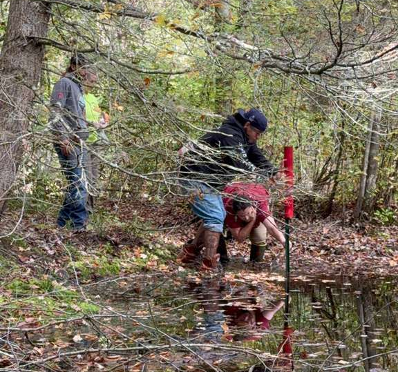Three people working near a pond in a wooded area. One uses a measuring stick while others observe.