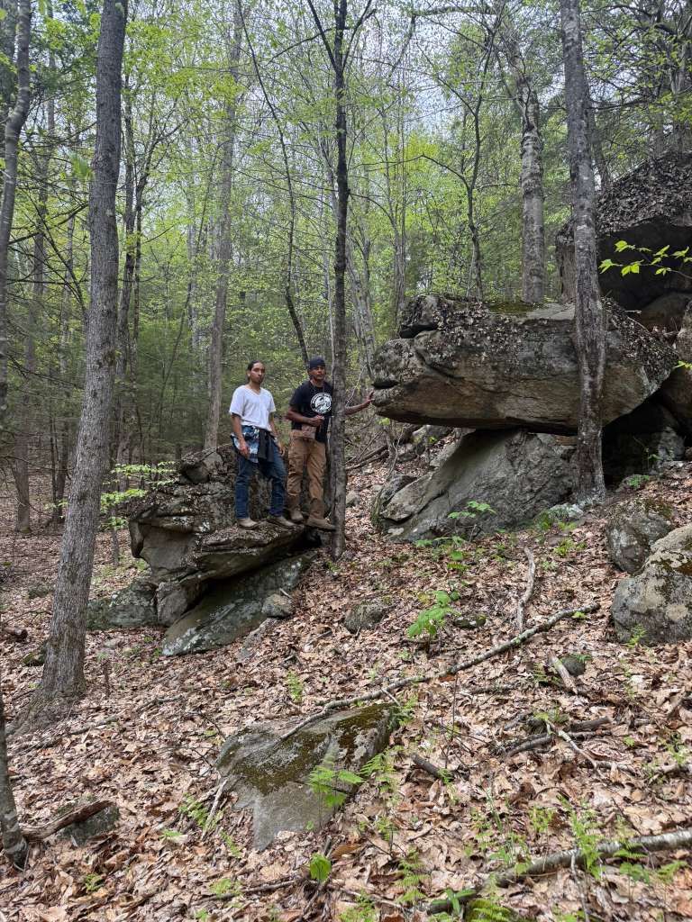 Two people stand on rocks in a wooded area with trees and foliage.