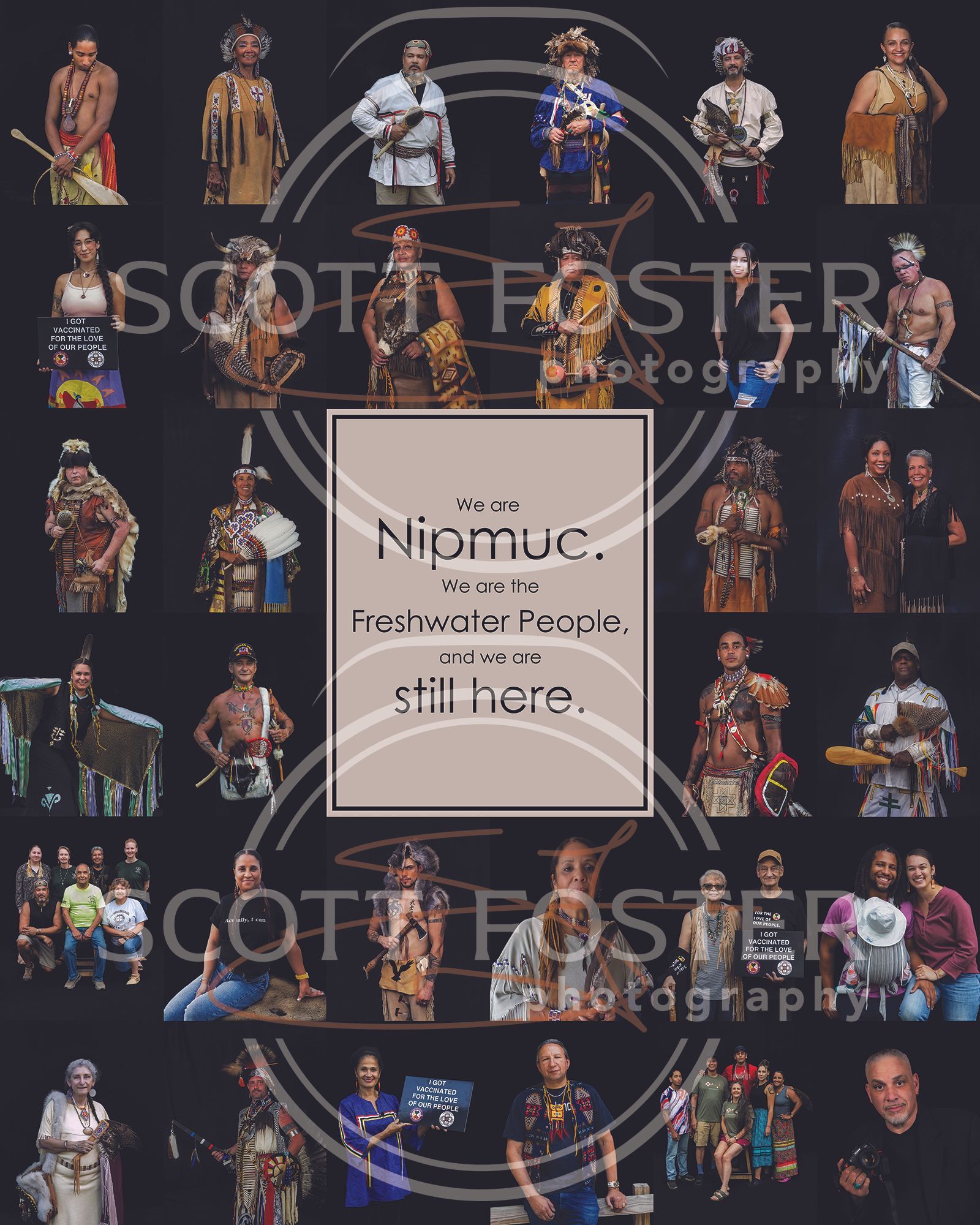 A collage of Nipmuc people in traditional attire and everyday life, with text overlay.