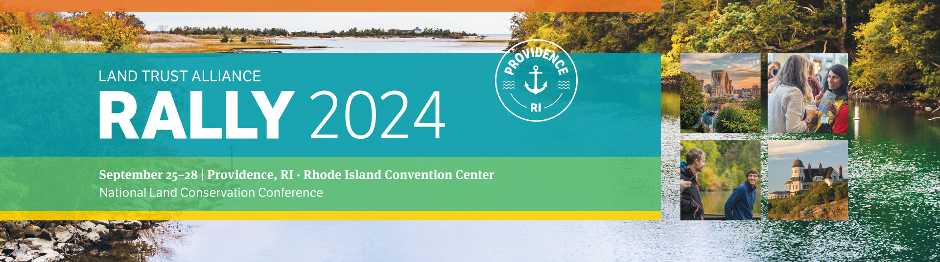 Rally 2024 promotion. Teal background with white text and an anchor logo. Photos of lakes and people.