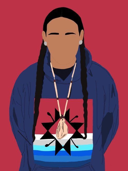 Person wearing a blue hoodie with Native American design and long braids, against a red background.