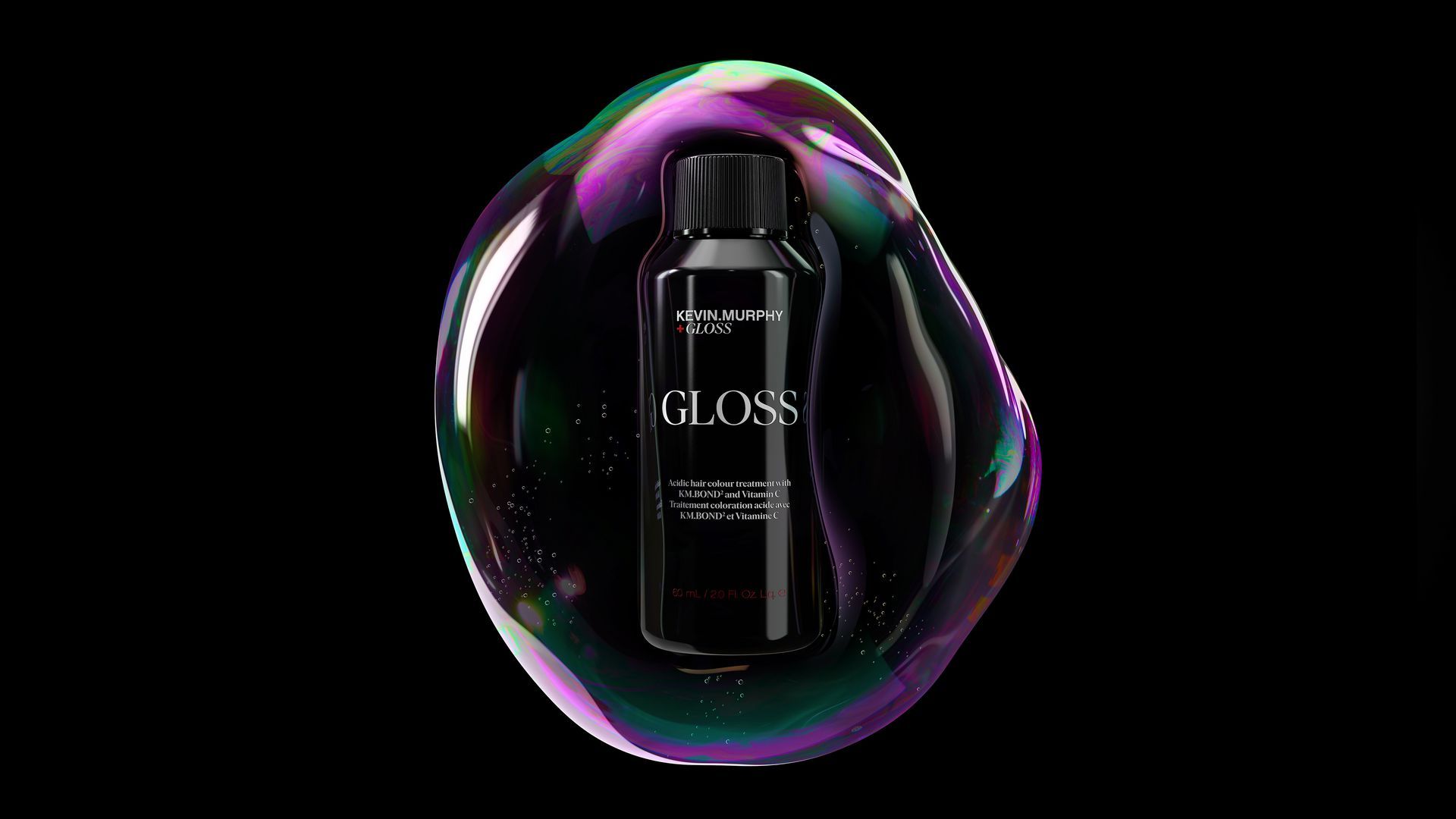 Three K18 haircare bottles on pink blocks against a rainbow gradient background