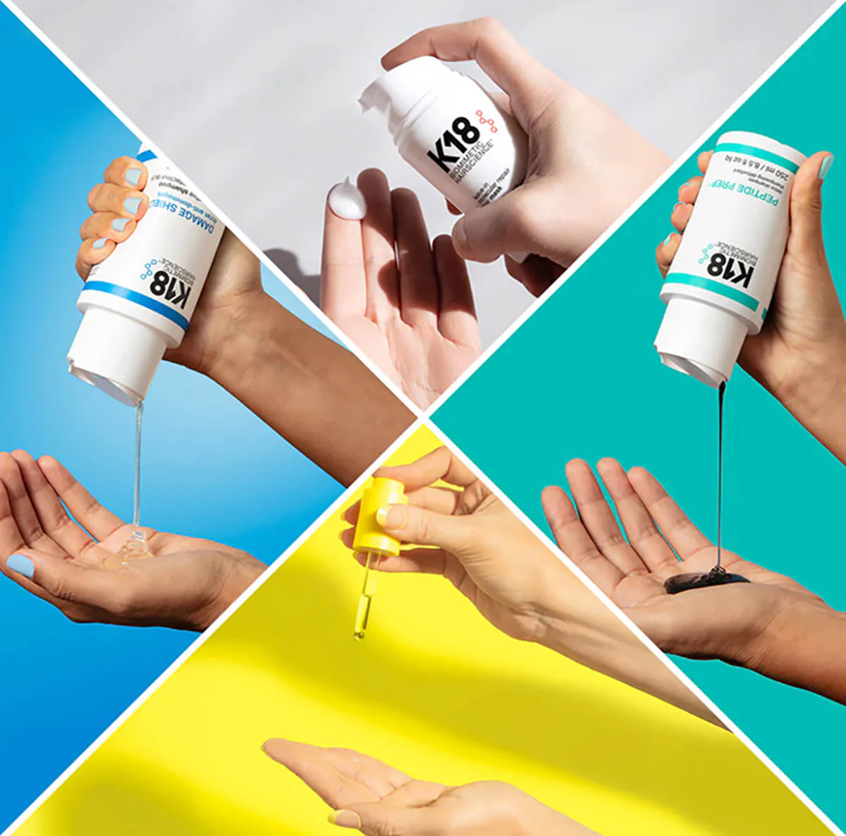 Hands holding cosmetic bottles and a nail polish brush over colorful geometric backgrounds