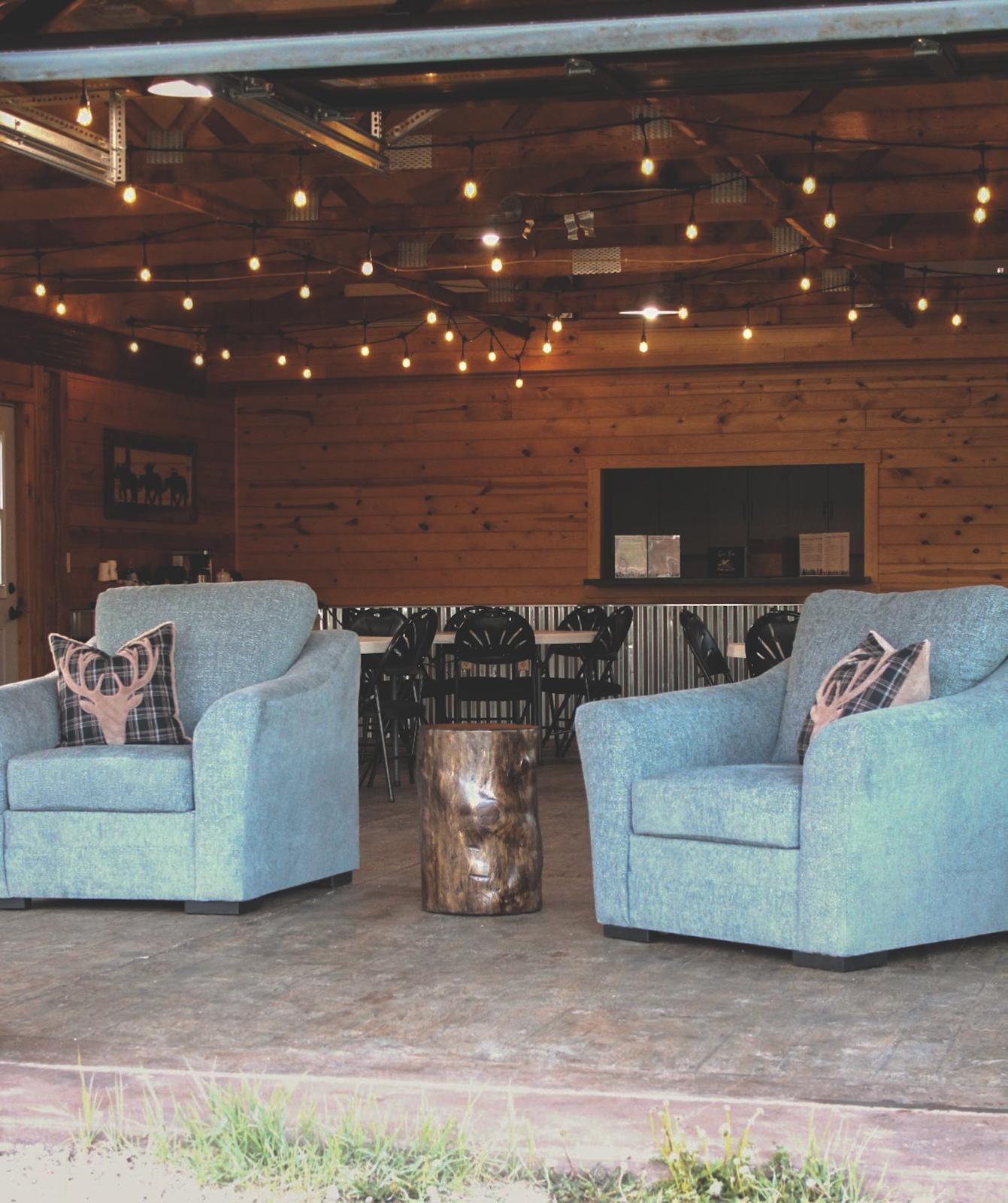 Cozy rustic lounge with two light blue armchairs, string lights, and wood-paneled walls.