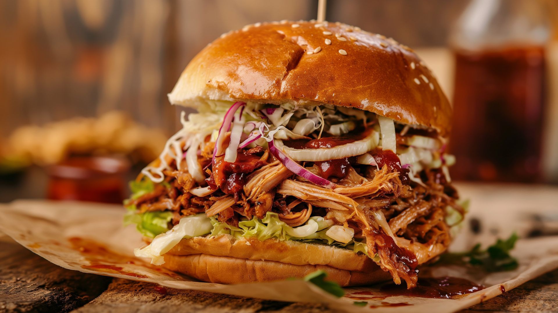 Close-up of a stacked pulled pork sandwich with slaw on a rustic table, with beer in the background