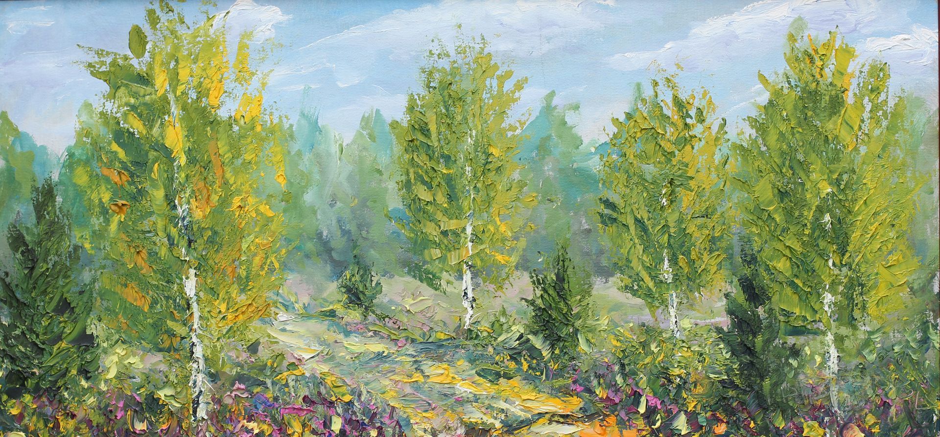 Sunlit painting of green and yellow trees in a meadow with colorful wildflowers and misty hills