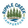 Ripple Creek Campground logo with pine trees, blue river, and curved text