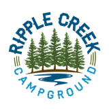 Ripple Creek Campground logo with pine trees, blue river, and curved text