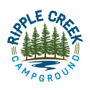 Ripple Creek Campground logo with pine trees, blue river, and curved text