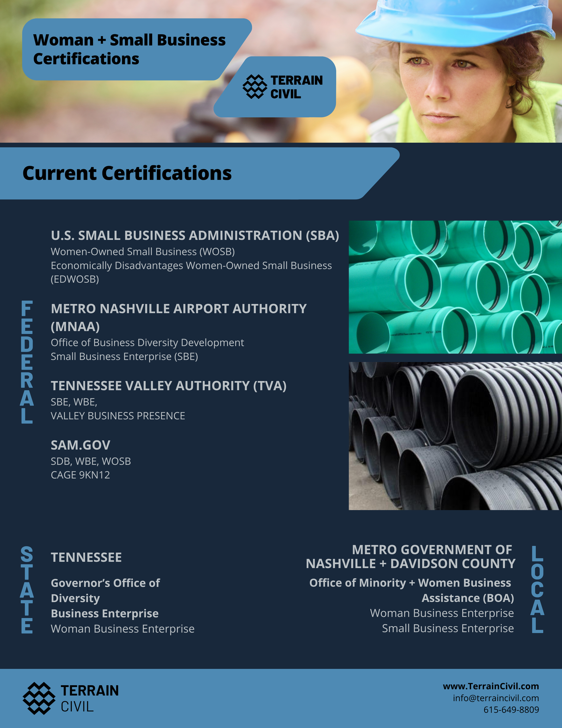 US small business certifications flyer with blue industrial pipes and a woman in a hard hat