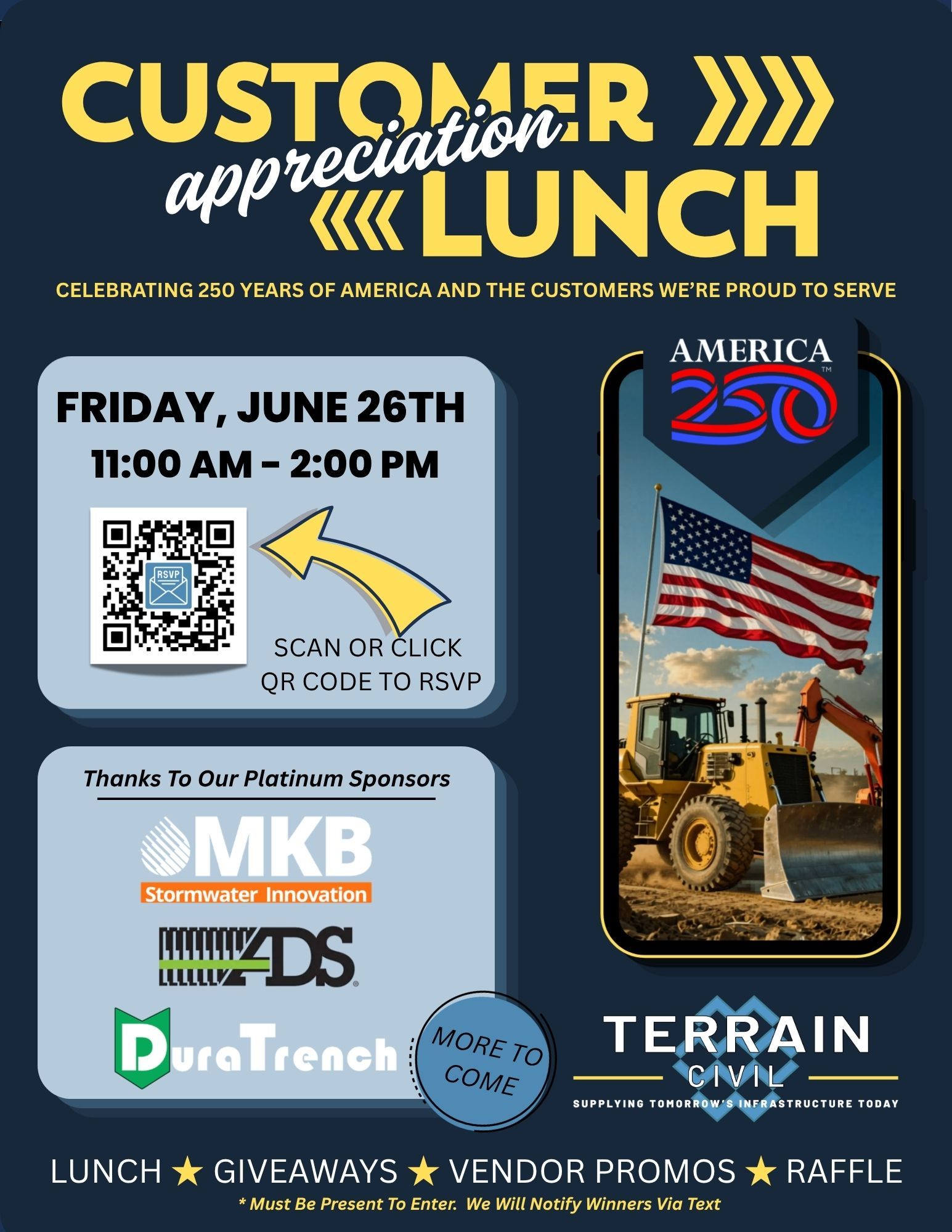 Customer appreciation lunch flyer with event date, time, QR code, sponsor logos, and American-themed tractor image