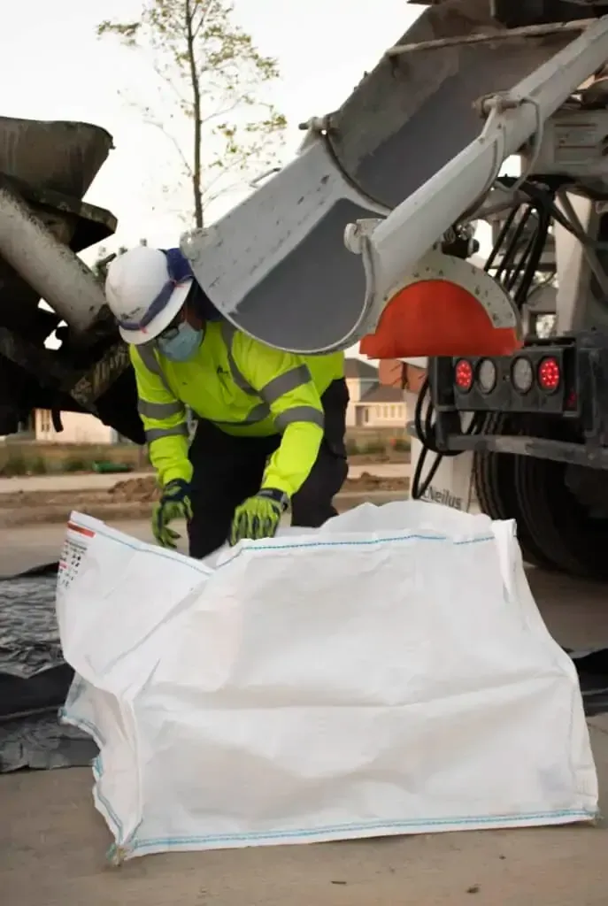 Worker in high-vis gear loading a large white bag into a truck at a construction site