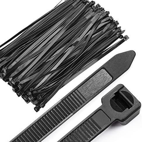 Black plastic zip ties, cable tie mounts, and a self-locking tie tool on white background