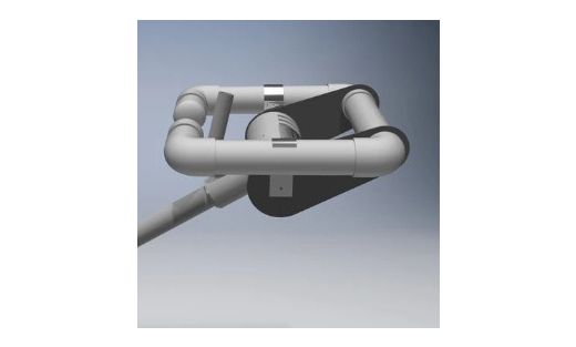 Gray robotic device with curved tubes and a central housing against a plain background