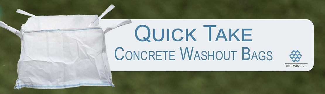 Quick Take concrete washout bags with white bag and blue logo on a white background