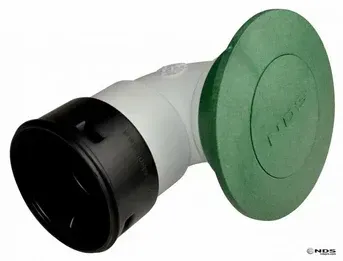 Black and gray wall vent elbow with a green circular cap or filter end