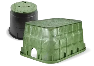 Green plastic garden planter boxes, one rectangular and one round, shown on a white background