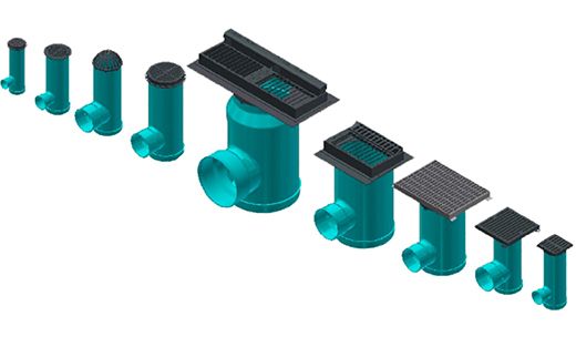 Turquoise plastic vent pipes with black caps shown in a row, each with different top fittings