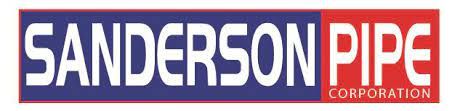 Sanderson Pipe Corporation logo in blue, white, and red text on a rectangular sign