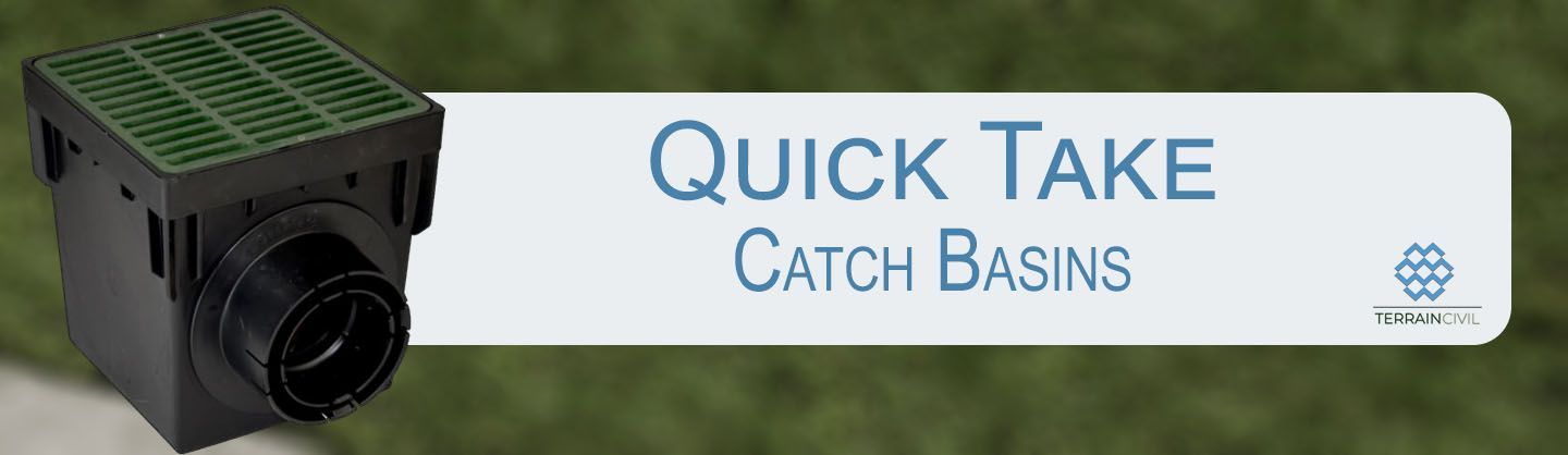 Quick Take catch basin product banner with black drain box and white-blue label