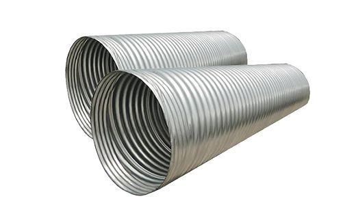 Two corrugated metal drainage pipes stacked together on a white background