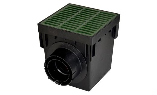 Black plastic floor drain with green grating and side outlet connector