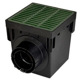 Black plastic floor drain with green slotted grate and side outlet fitting