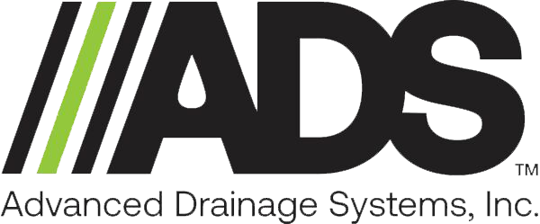 ADS logo with black letters, green stripes, and “Advanced Drainage Systems, Inc.” text
