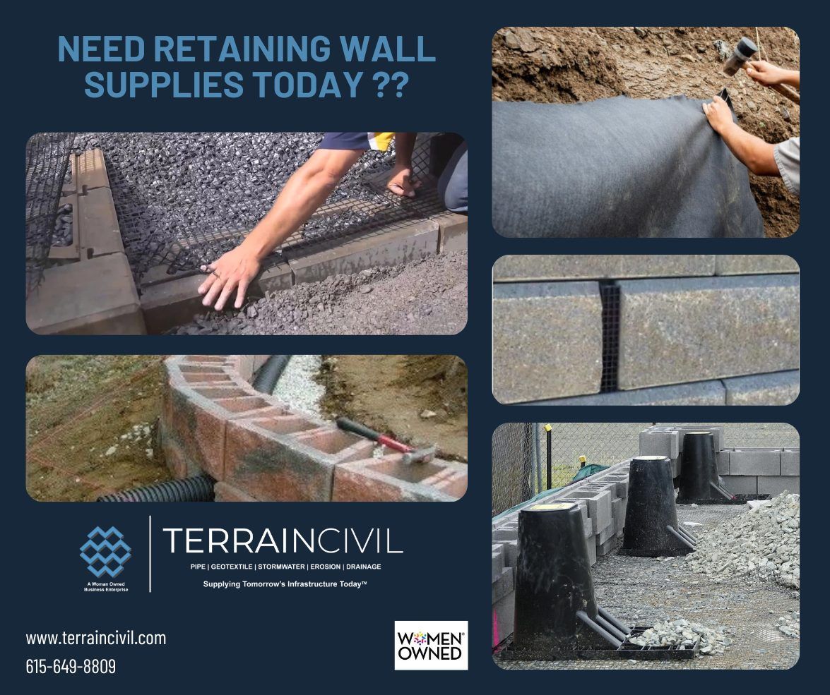 Retaining wall supplies ad with layered stone blocks, fabric, and a contractor installing wall materials.