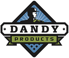 Dandy Products logo with stylized figure in blue and black diamond badge, green banner text