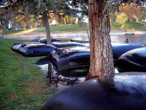 Black sandbag barriers stacked along a flooded grassy path beside trees