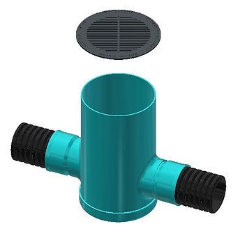 Teal plastic drainage pipe with side inlets and a round black grate above it