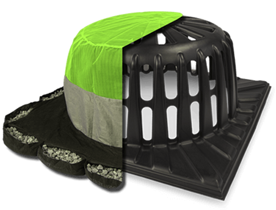 Black-and-green plastic vent cap on a roof vent base with a green cover half draped over it