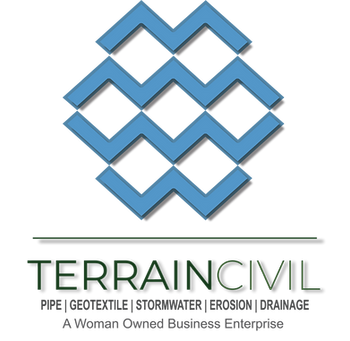 TerrainCivil logo with blue geometric icon and green text for pipe, geotextile, stormwater, erosion, and drainage services