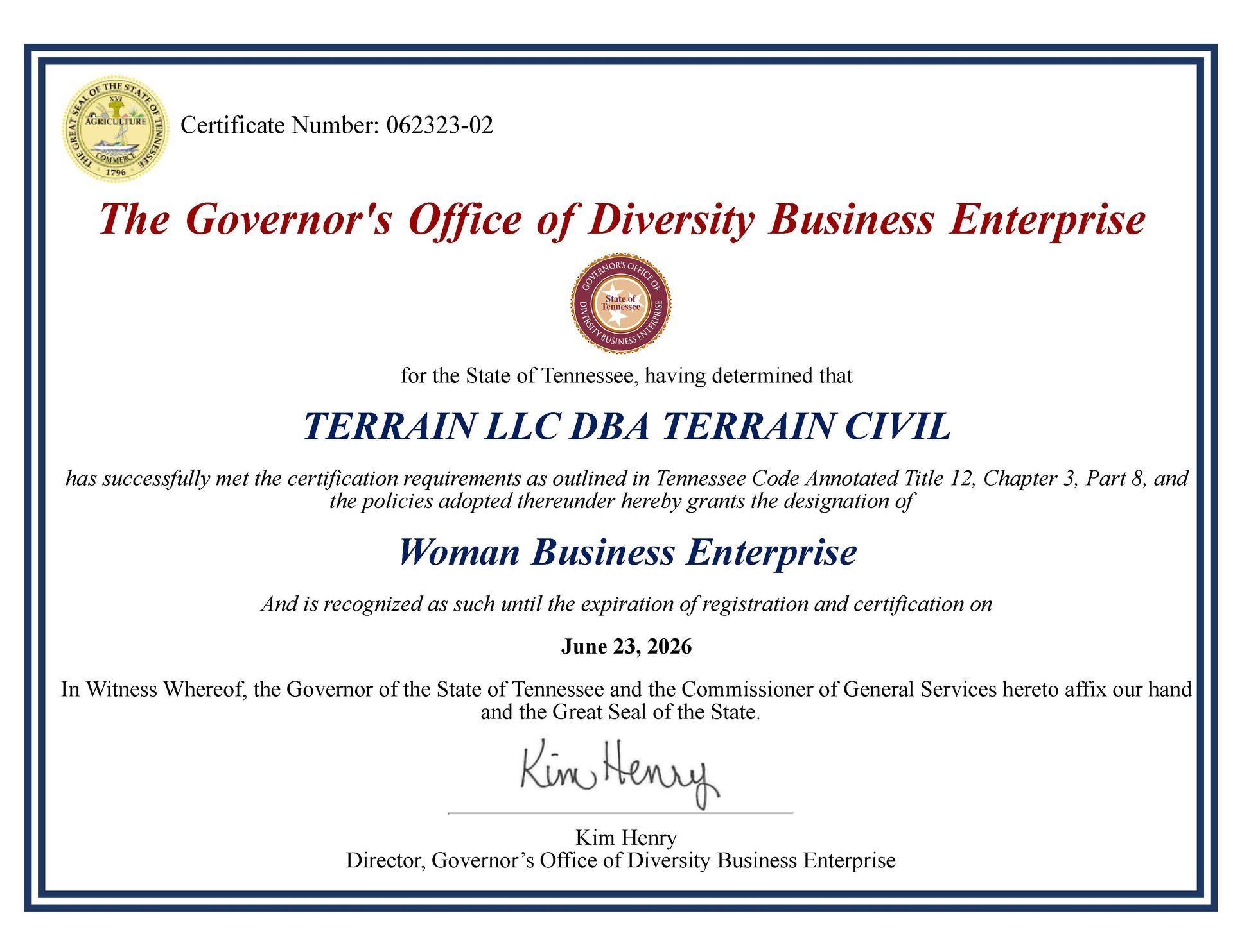 New Jersey Governor’s Office diversity business certificate with blue border and seal