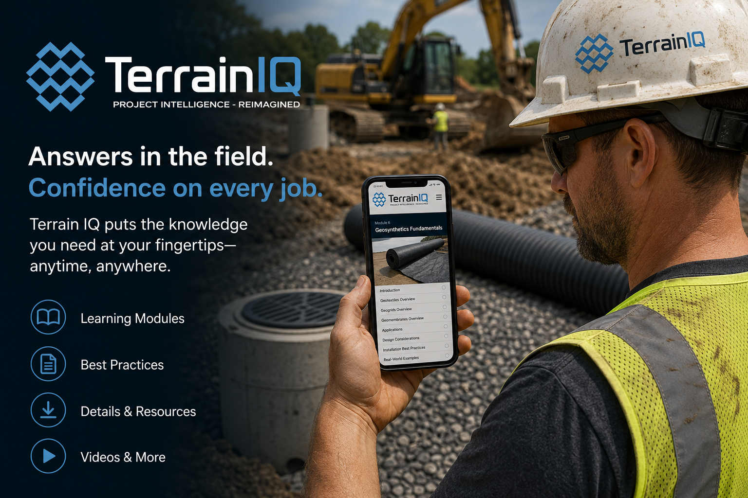 TerrainIQ promo with worker in hard hat using a phone at a construction site, with excavator in background
