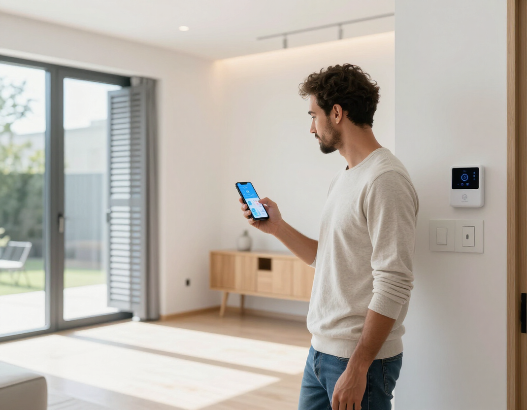 Un uomo tiene in mano uno smartphone in un luminoso soggiorno moderno con una porta aperta verso l'esterno.