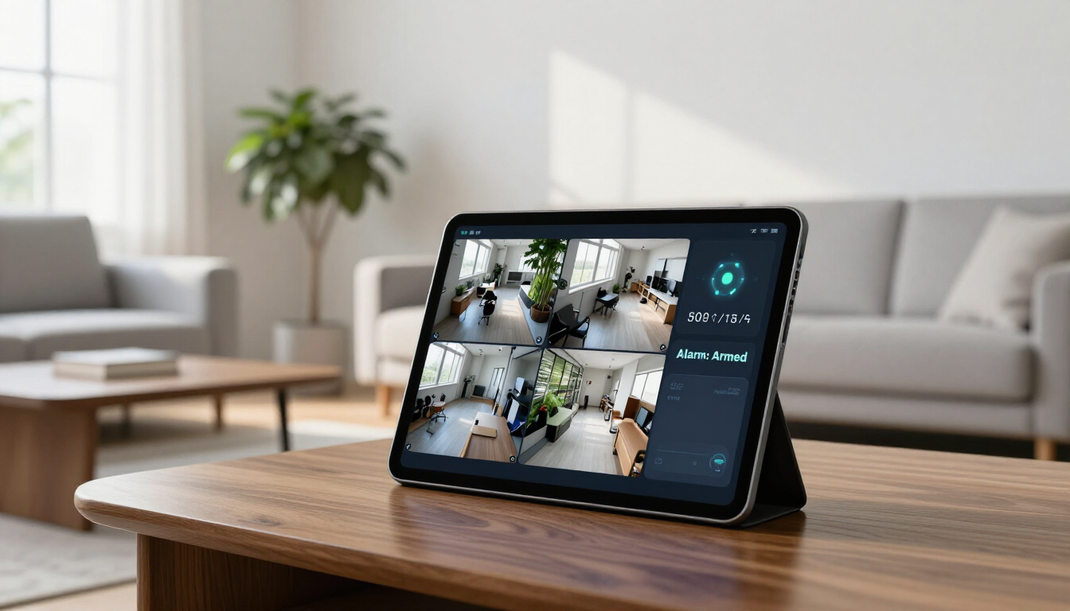 Un tablet che visualizza la griglia delle telecamere di sicurezza domestiche è appoggiato su un tavolino .
