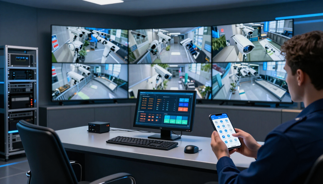 L'operatore della sicurezza monitora diversi schermi di sorveglianza e controlla un telefono in una sala di controllo.