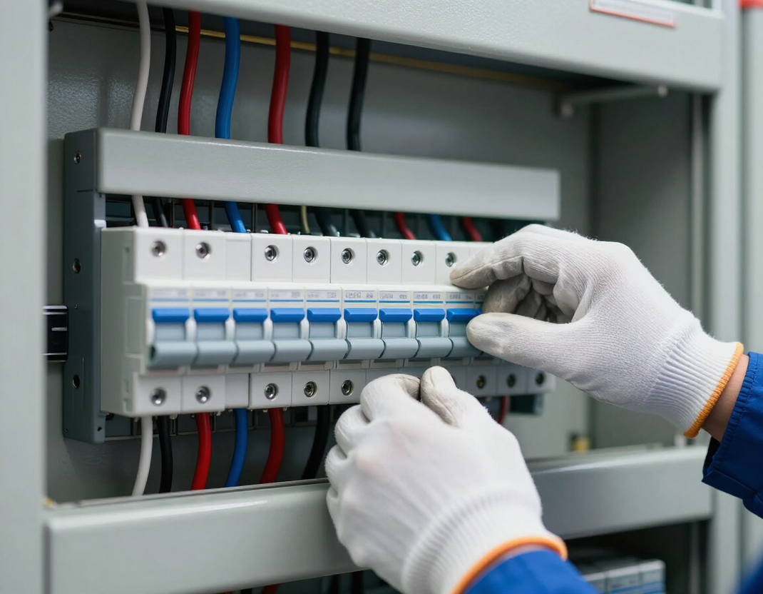 Mani guantate che regolano interruttori automatici blu in un quadro elettrico.