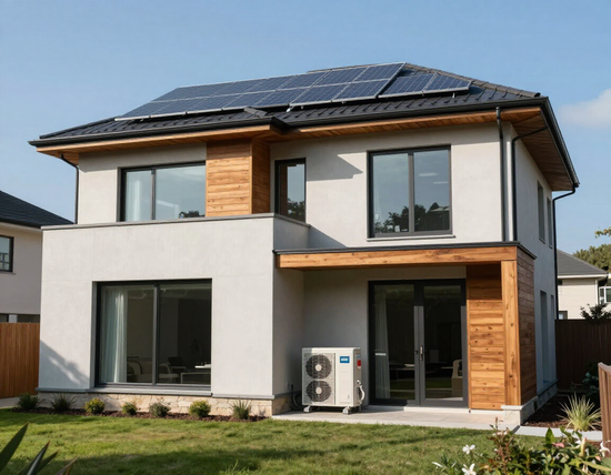 Casa moderna a due piani con pannelli solari, esterni bianchi e in legno e un piccolo giardino anteriore.