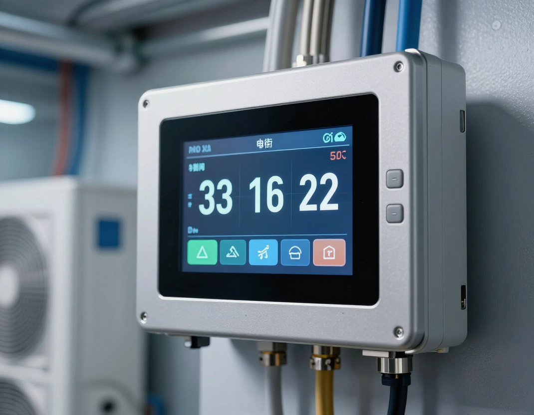 Pannello di controllo industriale con display touchscreen che visualizza le letture della temperatura e le icone di stato.