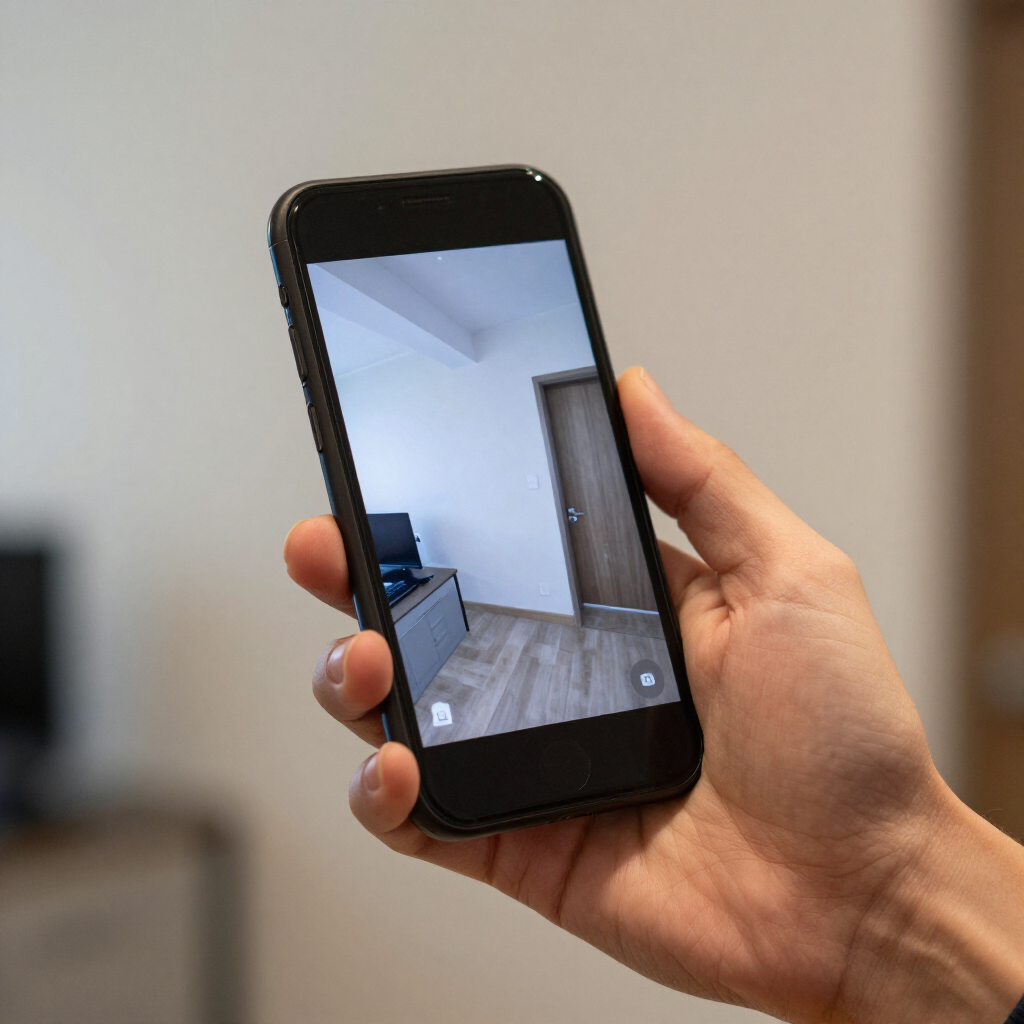 Una mano che tiene uno smartphone e mostra una stanza attraverso il mirino della fotocamera.