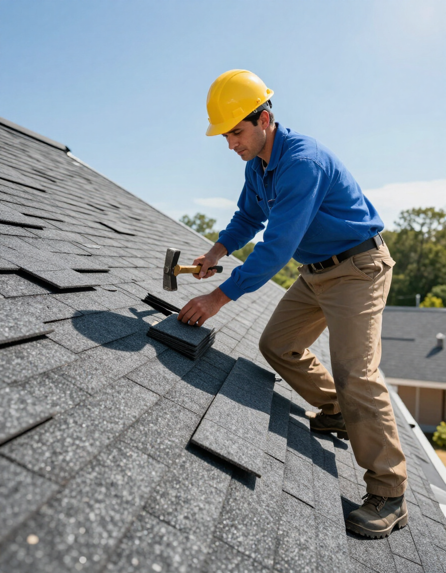 Roofer in yellow hard hat installing shingles on a sloped roof with a hammer