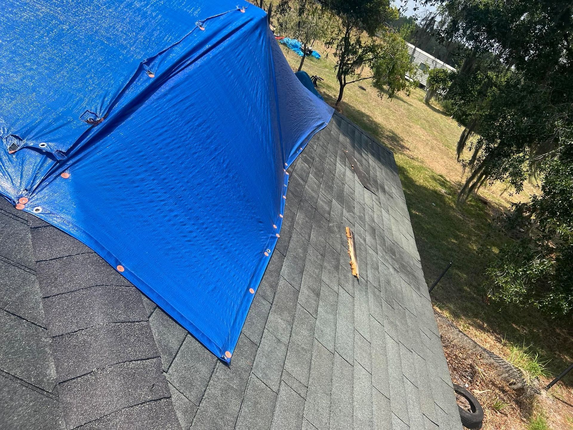 Blue tarp covering a dark shingled roof, with a small tool lying nearby and trees in the background