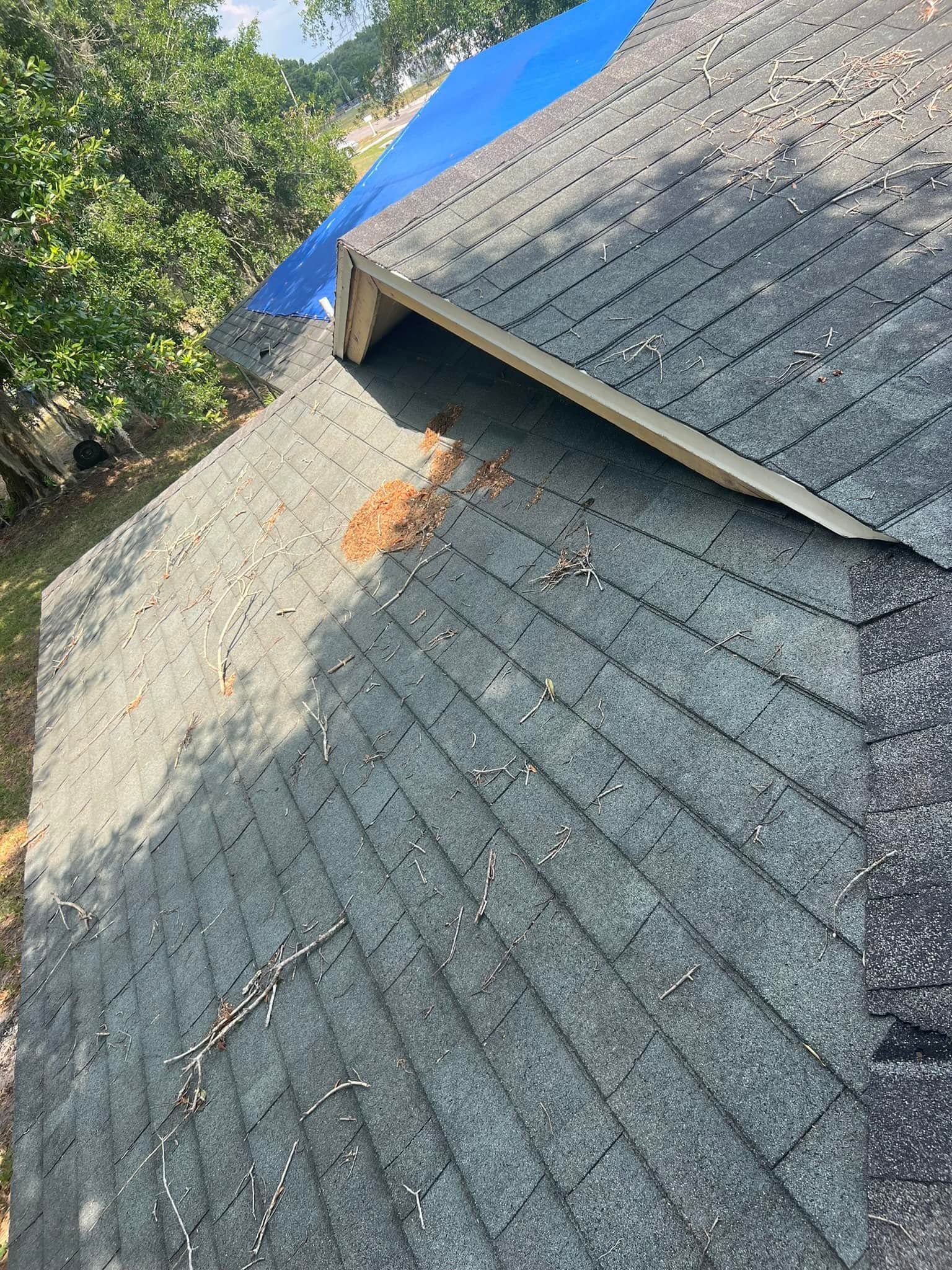 Damaged shingle roof with rust stain and a blue tarp in the background