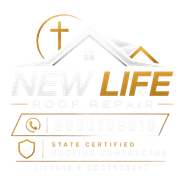New Life Roof Repair logo with gold cross, roof lines, and contact information on white background